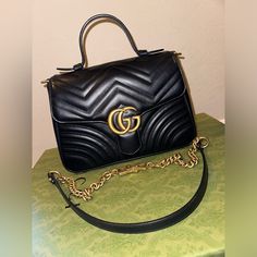 Marmont Top Handle Bag Small Black Perfect Everyday Bag With Lots Of Interior Room, Zipper Pocket And Attached Pouch This Bag Is In Perfect Condition (No Bulging, No Interior Stains, No Scratches) Comes With Box, Dust Bag, Receipt, Ribbon And Gift Bag Bags Gucci, Interior Room, Gucci Marmont, Gucci Handbags, Everyday Bag, Handle Bag, Small Bag, Small Bags, Gucci Bag