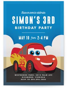 a birthday party card with a cartoon character on the front, and an image of a car