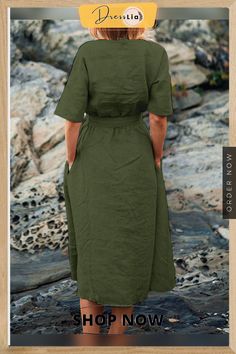 Solid Pocket Crew Neck Half Sleeve Dress with Belt Khaki V-neck Dress With Pockets, Khaki Beach Dresses With Pockets, Beach Dresses With Pockets In Khaki, Solid Color Midi Dress With Pockets For Beach, Casual Green Belted Midi Dress, Midi Dress With Pockets For Day Out, Purple Army, Half Sleeve Dress, Linen Design