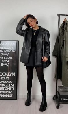 Black Leather Jacket Blazer Outfit, Black Leather Coat Outfit Aesthetic, Black Skirt And Jacket Outfit, Black Leather Jacket And Shorts Outfit, Shacket Skirt Outfits, Outfits With Black Leather Blazer, Leather Blazer And Skirt Outfit, Rock N Roll Chic Outfits, Black Blazer Jacket Outfit