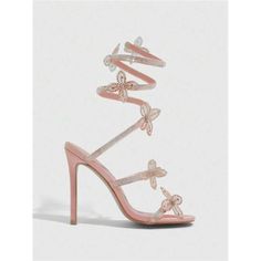 Trending Satin Butterfly Rhinestone Decor Strappy Heels Sandals -Color: Pink -Type: Strappy -Style: Glamorous -Toe: Open Toe -Pattern Type: Plain -Details: Rhinestone -Strap Type: Strappy -Heels: Stiletto -Heel Height: High Heel (11.2-11.4cm/4.4-4.5inch) -Upper Material: Satin -Lining Material: Fabric -Insole Material: Pu Leather -Outsole Material: Rubber Pink And Gold Heels, Spring Event Sandals With Rhinestones, Feminine Rhinestone Heels For Spring, Feminine Embellished Open Toe Heels, Pink Butterfly Heels, Black Lace Heels, Butterfly Heels, Gold Strappy Heels, Fancy Heels