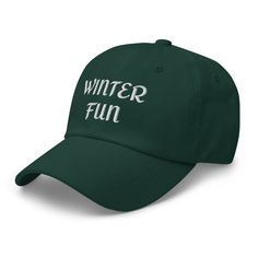 Dad hats aren't just for dads. Get your Winter Fun hat and get ready for some cold winter fun! 100% chino cotton twill Unstructured, 6-panel, low-profile with 6 embroidered eyelets 3 ⅛” (7.6 cm) crown and adjustable strap with antique buckle FREE SHIPPING! Please allow 7 -12 days for delivery. This product is made especially for you as soon as you place an order, which is why it takes us a bit longer to deliver it to you. Making products on demand instead of in bulk helps reduce overproduction, Trendy Winter Outdoor Baseball Cap, Winter Cotton Hats With Letter Print, Trendy Winter Baseball Cap With Curved Brim, Trendy Winter Baseball Cap With Curved Bill, Adjustable Cotton Winter Hat, Adjustable Cotton Hats For Winter, Cotton Beanie Hat With Letter Print, Trendy Winter Flat Bill Hat, Casual Winter Baseball Cap