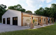 an artist's rendering of a garage with patio and dining area