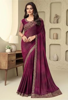 Burgundy Saree, Red Saree Wedding, Shimmer Saree, Draping Styles, Edgy Dress, Simple Saree Designs, Fancy Fabric, Bridesmaid Saree, Silk Pattern