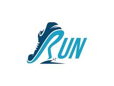 the running shoe logo is designed in blue and white colors, with an image of a person's foot on it