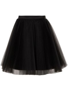 black tulle overlay fully pleated concealed rear zip fastening A-line thigh-length straight hem Chic Tulle Flared Skirt, Chic Flared Tulle Skirt, Chic Tulle Voluminous Skirt, Elegant Short Skirt With Accordion Pleats, Chic Voluminous Tulle Skirt, Fitted Mini Pleated Skirt For Evening, Elegant Short Pleated Party Skirt, Elegant Short Pleated Skirt For Party, Black Mini Tulle Skirt