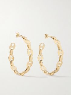 Rabanne's gold-tone hoop earrings are designed with the same interlocking chain links as its signature 'Nano' bags. Wear them for both day and evening occasions. Chic Gold-tone Evening Jewelry, Yellow Gold Jewelry With Gold-tone Hardware For Evening, Gold-tone Round Earrings, Luxury Gold-tone Metal Hoop Earrings, Elegant Hoop Earrings With Gold Chain For Gift, Elegant Gold Chain Hoop Earrings For Gift, Elegant Hoop Earrings With Gold Chain As Gift, Elegant Hoop Earrings With Gold Chain, Gold Metal Earrings With Hooks And Links