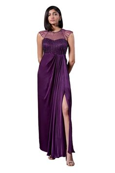 Purple georgette satin padded draped gown with sequins hand embellishments. - Aza Fashions Draped Gown, Satin Hands, Drape Gowns, Gown For Women, Gown Pattern, Sweet Love, Love Is Sweet, Aza Fashion, Cap Sleeves