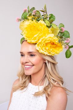 Get ready to steal the spotlight with our Golden Celebration Fascinator! 🎉 Handcrafted with love by Derbyologie and a local artisan, this beauty sits elegantly on a cushioned handband, making it comfy to wear all day. With three stunning yellow flowers as the centerpiece, accented by playful pops of bubblegum blooms and lush greenery, it's the perfect accessory to add a touch of whimsy to any outfit! 💛🌸 Let your style shine bright like the sun with this statement piece! NO RETURNS/EXCHANGES d Yellow Headband Fascinator, Yellow Headband For Summer Wedding, Yellow Summer Wedding Headband, Yellow Headband For Spring Party, Yellow Spring Headband, Adjustable Yellow Headpiece For Kentucky Derby, Elegant Yellow Headpieces For Spring, Flower Headpiece For Garden Party, Yellow Headband Hair Accessories For Spring