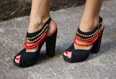 null Spring Evening Beaded Sandals, Beaded Open Toe Sandals For Evening, Spring Evening Beaded Heels, Chic Beaded Open Toe Sandals, Spring Beaded Open Toe Heels, 4 Inch Heels, Block Heels Sandal, Black Beads, Block Heels