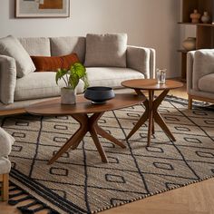 a living room with two couches, a coffee table and a rug on the floor