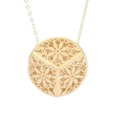 This distinctively geometric Stefano Oro pendant features delicate Fiori Ricami filigree work. It's designed to be comfortable for daily wear with smooth edges, a lightweight feel and an included 18" flat rolo chain. This pretty piece is easy to add to any outfit. Featuring a detailed Fiori Ricami design, which translates to "embroidered flowers" in Italian, it's perfect for pairing with your favorite yellow gold jewelry for a glamorous overall look. Rose Gold Necklace With Intricate Design For Gift, Rose Gold Necklaces With Intricate Design For Gift, Silver Filigree Necklace In 14k Gold, Luxury Necklace With Intricate Design For Gift, Elegant Round Etched Necklace, Elegant Round Etched Necklaces, Fine Jewelry Necklace With Intricate Round Pendant, Rose Gold Filigree Necklace In 14k Gold, Gold Plated Necklaces With Intricate Design For Gift