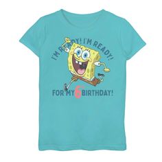 a blue shirt with an image of spongebob on it that says i'm ready for my 6th birthday