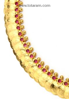 22 Karat Gold 'Lakshmi Kasu' Mala / Long Kasulaperu with Red Stones - 235-GN3042 - in 54.950 Grams for USD $4326.14. 
Made in India by Totaram Jewelers Online this product is in Gold - 22 Karat BIS Hallmark 916 KDM Gold  & is an excellent gift for Adult - Women. Ships fully insured with secured guaranteed delivery for free with your order over $250 from New Jersey USA & comes with 30 days exchange policy. Kasu Mala, Back Chain, Red Stones, Enhance Your Beauty, Red Stone, Gifts For Adults, 22k Gold, Necklace Length, Vibrant Red