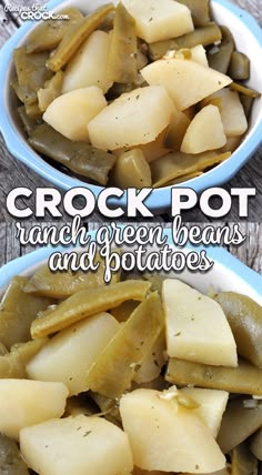 two bowls filled with green beans and potatoes on top of a wooden table next to each other