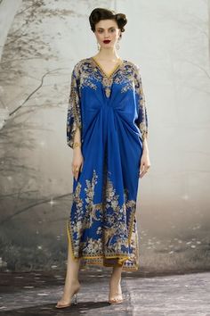 Blue silk kaftan with all over regal floral prints and narrow yellow panel work. - Aza Fashions Festive Blue Floral Embroidered Kaftan, Blue Resham Embroidery Floor-length Kaftan, Spring Long-sleeve Kaftan With Intricate Embroidery, Elegant Floral Embroidered V-neck Kaftan, Kaftan Women, Rajdeep Ranawat, Blue Floral Embroidered V-neck Kaftan, Kaftan For Women, Diana Penty