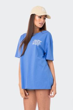 PRODUCT INFO Oversized T-shirt Breathable fabric Cute printed slogan 100% Cotton Model wears size S Model height is 5'7 Item care: Wash with similar color Oversized Shirt Women, Blue Oversized Shirt, Oversize Graphic Tee, Womens Oversized Tee, Clothing Shopping, Oversized Graphic Tee, Swimwear Dress, Blue Tee, Oversized T Shirt