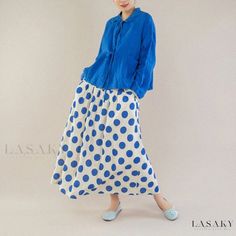 Lasaky - Vintage Polka Dot Midi Skirt in Blue and White with Inner Lining - Retro Artsy Polka Dot Midi Skirt Spring Polka Dot Long Skirt, Polka Dot Long Skirt For Spring, Casual Long Polka Dot Skirt, Polka Dot Midi Skirt, Patchwork Designs, Types Of Skirts, White Polka Dot, Linen Blend, Denim Skirt