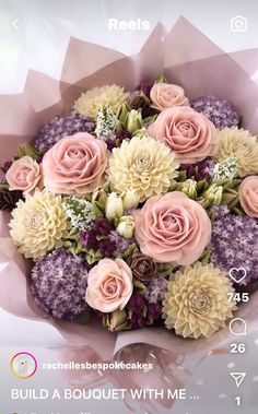 a bouquet of pink and white flowers with text below it that reads, build a bouquet with me