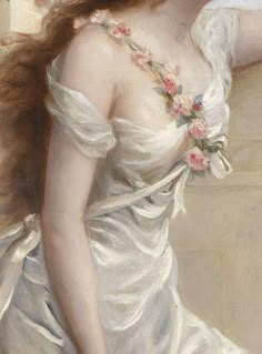 a painting of a woman with long hair wearing a white dress and flowers in her hair