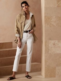 Ultra High-Rise Slim Jean | Banana Republic Factory White Jeans Office Outfit Summer, Long White Jeans Outfit, Arizona Work Outfits, Cream On Cream Outfit, Cream Denim Jeans Outfit, Spring California Outfits, Beige Jeans Outfit Summer, Creme Jeans Outfit, Casual Chic Outfits Summer Classy Street Styles