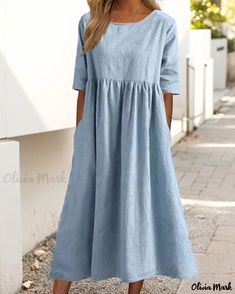 OliviaMark - Premium Relaxed Fit Cotton Linen Dress with Crew Neck and 5/4 Sleeves - Long, Elegant, and Solid Color Tato Setengah Lengan, Casual Cotton Dress, Women Cotton Dress, Marine Uniform, Cotton Linen Dresses, Linen Casual, Solid Color Dress, Vestidos Vintage, Loose Outfit