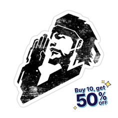 a sticker with the image of a man holding his hand up to his face