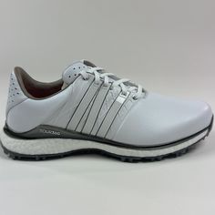 Adidas Tour360 Xt-Sl 2.0 Men's White / Dark Silver Low Top Spikeless Golf Shoes. - Style # Eg4872 - Full-Length Boost Midsole With X Torsion Bar Brand New With Box. Men's Size 7.5 Us / 7 Uk / 40.5 Eur. Medium Width. 100% Genuine Us Seller & Family-Owned Business Functional White Golf Sneakers, White Low-top Golf Shoes With Perforations, Functional White Golf Shoes For Training, White Sporty Sneakers For Golf, Adidas Low-top Golf Shoes, White Low-top Golf Shoes For Light Sports, Adidas Low-top Sporty Golf Shoes, Adidas White Leather Running Shoes, Functional Low-top Golf Sneakers