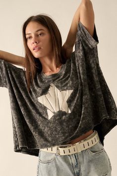 Star Quality Oversized Vintage-Wash Graphic Tee - ShopPromesa Trendy Acid Wash Tops For Loungewear, Oversized Stonewashed Cotton Tops, Trendy Oversized Washed Tops, Fall Stonewashed Black Top, Spring Oversized Bleached Top, Spring Bleached Oversized Tops, Oversized Acid Wash Summer Top, Oversized Soft-washed Gray Tops, Oversized Acid Wash Tops For Summer