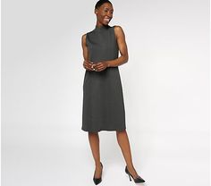 Tailored by Susan Graver Regular Smart Ponte Mock Neck Dress - QVC.com Stand Collar Dress For Winter Workwear, Winter Workwear Dress With Stand Collar, Fitted Stand Collar Dress For Fall, Fitted Stand Collar Dresses For Fall, Fall Workwear Dress With High Neck, Fall Dress With Stand Collar For Daywear, Fall Daywear Dresses With Stand Collar, Elegant Fall Dresses For Layering, Elegant Dresses For Fall Layering