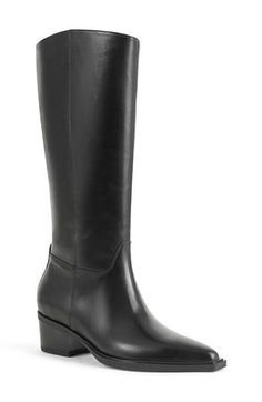 A slanting topline gives subtle-yet-surprising style to this knee-high boot that's fronted by a clipped pointed toe. 1 1/2" heel 15" shaft Pull-on style Leather upper and lining/synthetic sole Imported Modern Knee-high Boots With Stacked Heel For Work, Classic Knee-high Boots With High Shaft For Work, Classic High Shaft Knee-high Boots For Work, Modern Knee-high Boots For Office, Modern Knee-high Boots For Business, Platform Slippers, Kids Sandals, Designer Clothes For Men, Autumn Fashion Women