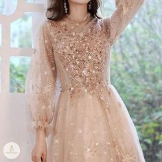 Elegant Sparkling Dress For Banquet, Evening Sequin Banquet Dress, Evening Banquet Dress With Sequins, Champagne Long Sleeve Dress For Banquets, Champagne Long Sleeve Dress For Banquet, Long Sleeve Champagne Dress For Banquet, Champagne Long Sleeve Banquet Dress, Embellished Dresses For Prom Season Banquet, Embellished Dresses For Banquet During Prom Season