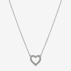 Simple and sleek best describes this Silver Treasures sterling silver Cubic Zirconia heart pendant necklace. This necklace is crafted in quality sterling silver, features beautiful sparkling Cubic Zirconia stones, comes in 16 inches with a 2 inch extender and has a spring ring clasp for a safe and comfortable wear. Wear this pendant necklace alone or stack with your other favorite necklaces. Wipe necklace clean with a soft cloth.Features: Nickel FreeJewelry Closure: Spring Ring ClaspLink Constru Classic Silver Heart-shaped Diamond Necklace, Classic Silver Heart Diamond Necklace, Classic Silver Heart Necklace With Cubic Zirconia, Classic Silver Cubic Zirconia Heart Necklace, Silver Double Heart Sterling Silver Diamond Necklace, Silver Sterling Double Heart Diamond Necklace, Silver Double Heart Diamond Necklace In Sterling Silver, Silver Sterling Silver Diamond Necklace With Double Heart, Silver Diamond Necklace With Heart Charm For Valentine's Day