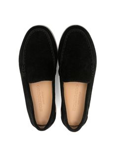 Classic Black Slip-ons With Stitched Sole, Black Calf Leather Slip-ons With Textured Sole, Black Plain Toe Slip-ons With Stitched Sole, Business Suede Slip-ons With Round Toe, Black Calf Leather Slip-ons With Leather Sole, Modern Black Slip-ons With Contrast Sole, Suede Slip-ons With Rubber Sole, Suede Slip-ons With Almond Toe And Leather Sole, Black Slip-on Loafers With Stitched Sole