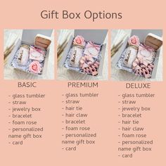 the gift box options are shown in three different ways, including one for each girl