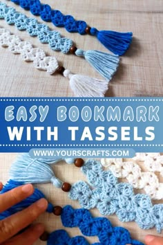 crocheted bookmarks with tassels and text overlay that says easy bookmark with tassels