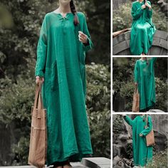 Bohemian Green Linen Dress, Green Bohemian Linen Dress, Green Lagenlook Dress For Fall, Casual Green Ramie Dress, Oversized Green Dress For Fall, Lagenlook Long Green Dress, Green Loose Fit Long Maxi Dress, Oversized Green Maxi Dress For Spring, Oversized Green Tunic Dress