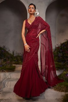 Maroon pre-draped lehenga saree with sequin, cutdana, bead embroidery and cutwork border. Paired with sleeveless embellished blouse. - Aza Fashions Bridal Lehenga Saree Design, Burgundy Saree, Saree Farewell, Draped Lehenga, Drape Lehenga, Maroon Embroidery, South Indian Wedding Saree, Saree Organza, Engagement Saree