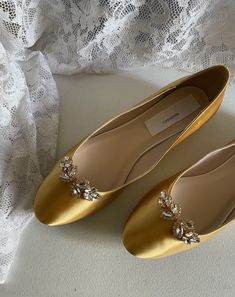 "Beautiful and elegant almost Flat Satin Shoes, heel is only 1/2\" it adds beauty and elegance to this classic style; crystals embellishments SILVER OR GOLD please LET ME KNOW IN THE BUYERS NOTES look at the pictures, Color of shoes pictured Gold/Mustard color, i suggest to order color swatches samples if, you need a close match to your color, below find the link to order color swatches. BY PURCHASING THIS LISTING, YOU AGREE TO HAVE READ ALL INFORMATION, AND SHOP POLICIES. THANK YOU! EVERY SHOES Crystal Embellished Flats For Wedding, Wedding Flats With Rhinestones And Flat Heel, Wedding Flats With Rhinestones, Formal Closed Toe Flats With Rhinestones, Elegant Flat Wedding Shoes With Rhinestones, Elegant Wedding Flats With Rhinestones, Elegant Rhinestone Wedding Flats, Gold Low Heel Flats For Party, Elegant Flats With Rhinestones And Round Toe