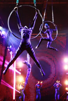 two acrobatic performers are suspended in the air