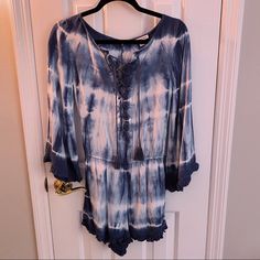 Blue Tie-Dye Never Worn! Blue Bohemian Jumpsuits And Rompers For Spring, Blue Bohemian Jumpsuit For Spring, Blue Long Sleeve Jumpsuits And Rompers For Vacation, Blue Long Sleeve Jumpsuits And Rompers For Beach, Blue Long Sleeve Jumpsuit For Vacation, Blue Tie, Blue Tie Dye, Blue Ties, White Blue