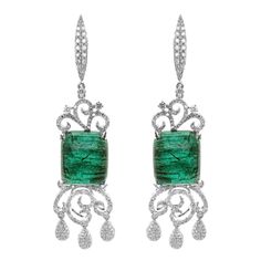 25.45 Carat Vivid Green Emerald Sugarloaf 1.78 Carat Diamond Dangle Earring For Sale at 1stDibs Earring Art, Diamond Dangle Earrings, Red Carpet Event, Green Emerald, Gorgeous Jewelry, Birthstone Jewelry, Chandelier Earrings, Round Diamond, Emerald Green