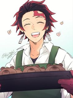 an anime character holding a box full of donuts and smiling at the camera with his eyes closed