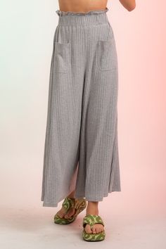 -High Waisted Rib Wide Leg Pants with Pockets-Frilled Elastic Waistband-Wide Leg Palazzo Cut-Front Pockets-Capri-Length-High-Waist95% Polyester 5% Spandex(Model height: 5'9", wearing a Small) Casual Bottoms With Ribbed Waistband For Spring, Non-stretch Bottoms With Side Pockets For Loungewear, Ribbed Stretch Wide-leg Bottoms, Fall Ribbed Wide-leg Bottoms, High Waist Relaxed Fit Pants With Ribbed Waistband, High Waist Bottoms With Ribbed Waistband For Spring, High Waist Pants With Ribbed Waistband And Relaxed Fit, Spring High Waist Bottoms With Elastic Waistband, Solid Ribbed Bottoms For Summer