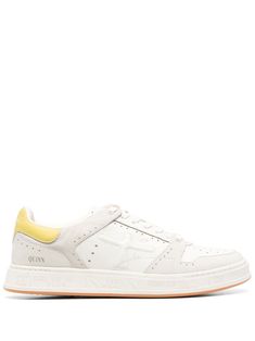 white grey yellow calf leather panelled design perforated detailing debossed logo to the side logo print to the side front lace-up fastening contrasting branded heel counter round toe flat rubber sole Yellow Leather Sneakers With Perforations, Debossed Logo, Balenciaga Track, Balenciaga Triple S, Low Top Sneakers, Derby Shoes, Athletic Sneakers, Espadrille Shoes, Ski Wear