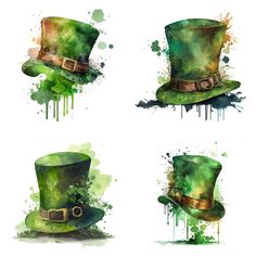 four green hats with watercolor splashs on them