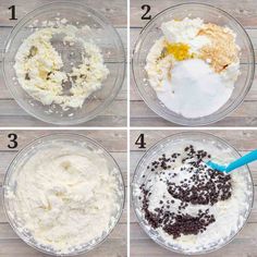 four images showing how to make the best chocolate chip cookie crust recipe in a glass bowl