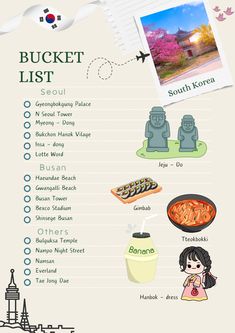 the bucket list for south korea with pictures and words on it, including an image of a