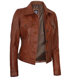 Brown Cognac Leather Trucker Jacket For Women
Introducing our Brown Cognac Trucker Leather Jacket for Women, a timeless and versatile piece crafted from 100% real lambskin leather, this jacket showcases a classic trucker silhouette with a contemporary twist. The warm brown hue adds depth and character, while the button-front closure and chest pockets provide functionality. Elevate your style and embrace a refined yet edgy look with this impeccably crafted leather jacket that effortlessly combines comfort and fashion-forward design. Classic Cognac Leather Jacket For Winter, Classic Distressed Brown Leather Outerwear, Brown Fitted Outerwear With Snap Buttons, Classic Winter Leather Jacket In Distressed Brown, Fitted Brown Outerwear With Snap Buttons, Classic Distressed Brown Biker Jacket For Fall, Classic Distressed Brown Leather Jacket For Winter, Classic Cognac Leather Jacket, Fitted Distressed Brown Leather Biker Jacket