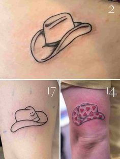 four pictures showing different tattoos on the side of their legs and one with a hat on it